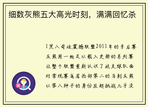 细数灰熊五大高光时刻，满满回忆杀